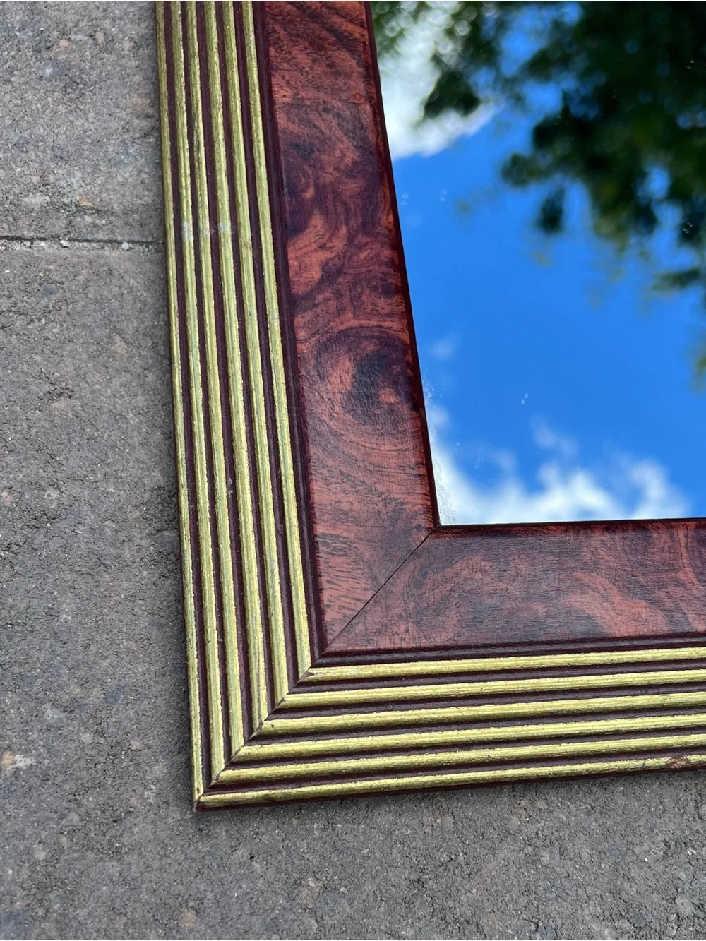 Vintage Faux Burl Wood Gold Reeded Square Mirror Hollywood Regency Vanity